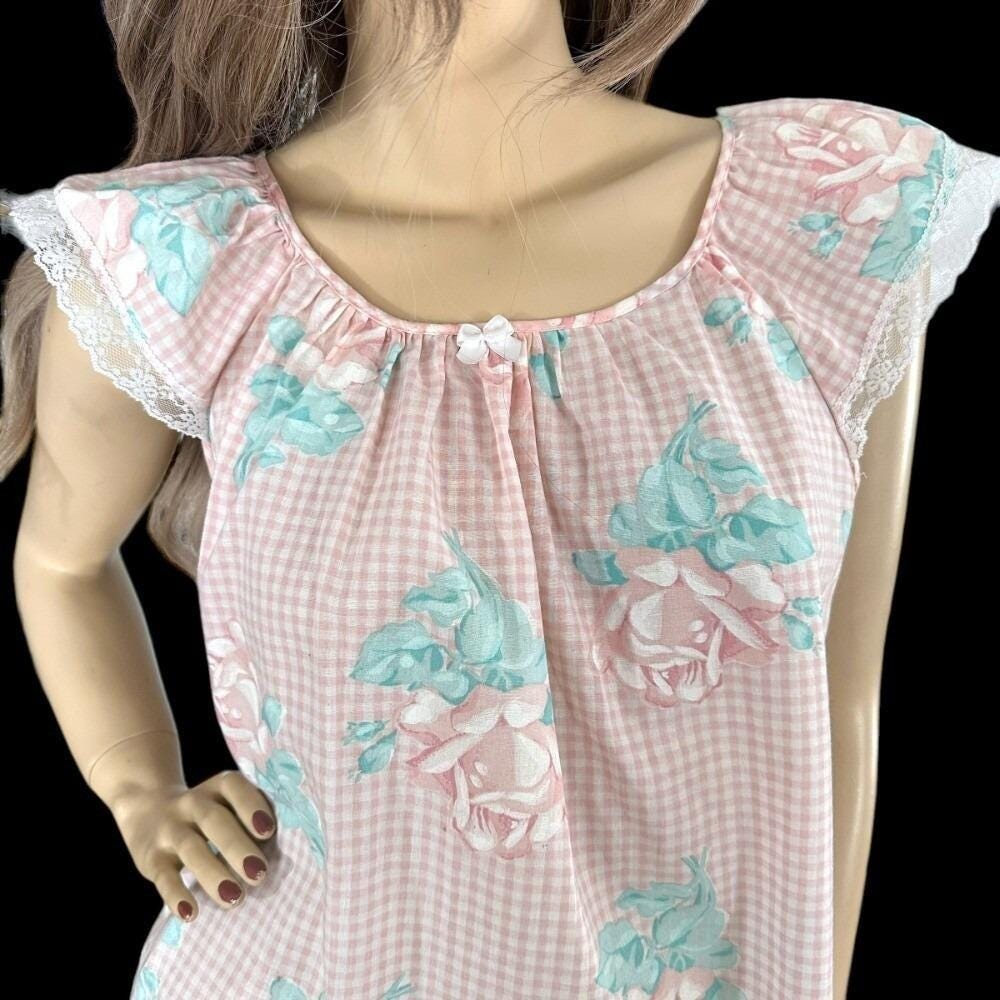 80s Pink Gingham Nightie L Rose Print Dollette Cottagecore Coquette Nightie Gaze - Picture 2 of 8